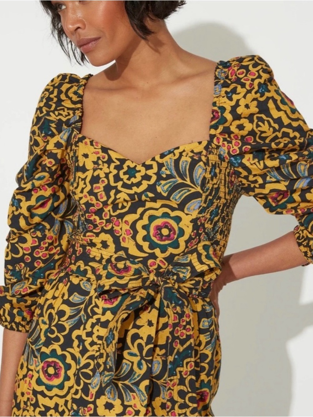Cleobella Solange Mustard Floral Puff-Sleeve Midi Dress